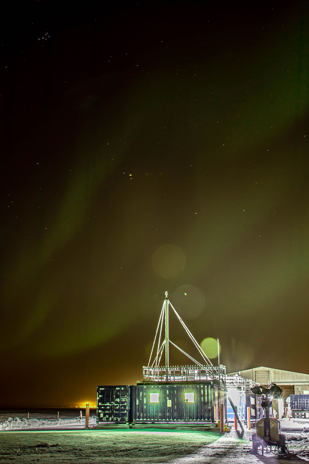 Northern Lights over third ARM Mobile Facility at Oliktok Point, Alaska