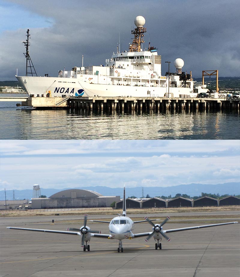 The NOAA research vessel Ronald H. Brown, above, played host to the AMF2 for ACAPEX. The G-1 returned to McClellan Airfield in Sacramento, California, for flights over the Sierra Nevada and Pacific Ocean.