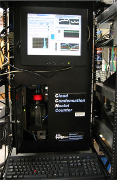 The CCN Counter consists of a vertical column with wetted walls, which provides the water vapor necessary to produce super-saturations.  Particles activate into droplets when exposed to the super-saturated conditions, and the droplets are then counted by an optical particle counter. ARM file photo. 
