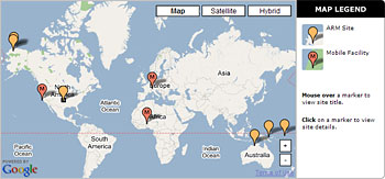 "Thumbtacks" help ARM website users identify where the ARM sites are, including the ARM Mobile Facility deployments. Site maps available on https://www.arm.gov/capabilities/observatories/. 