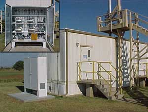 The new pump shelter sits on a concrete pad near the south end of the AOS.  Four adjustable, open-wire shelves run the width of the shelter, and can accommodate sixteen large pumps and associated ventilation equipment. ARM file photo.