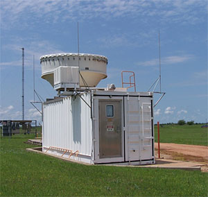 On the roof of the radar instrument shelter at the ARM Southern Great Plains site, antennas for the W-band ARM Cloud Radar (rectangular white box) and millimeter wavelength cloud radar (conical cylinder) send data to their respective computer systems inside the shelter. ARM file photo.