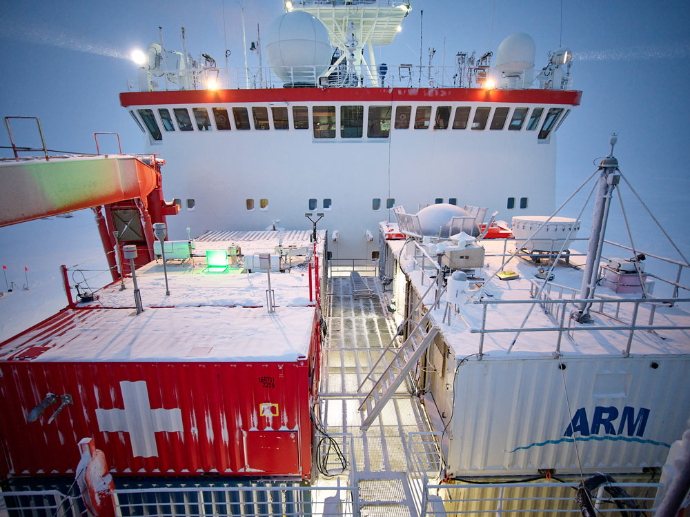 Research containers sit on the bow of the Polarstern.