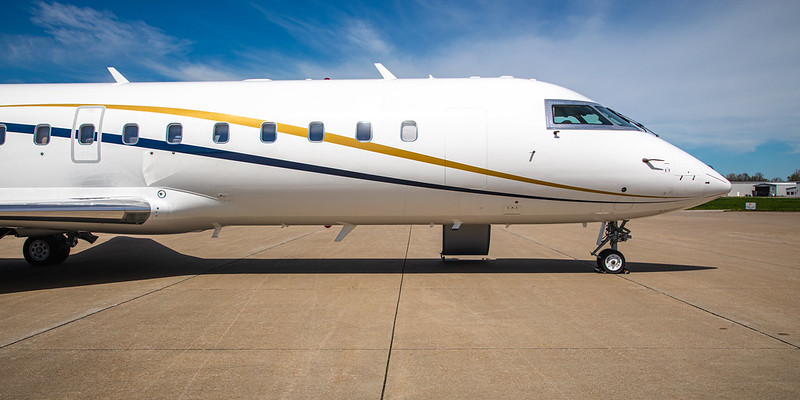 Side view of Bombardier Challenger 850 aircraft on the tarmac