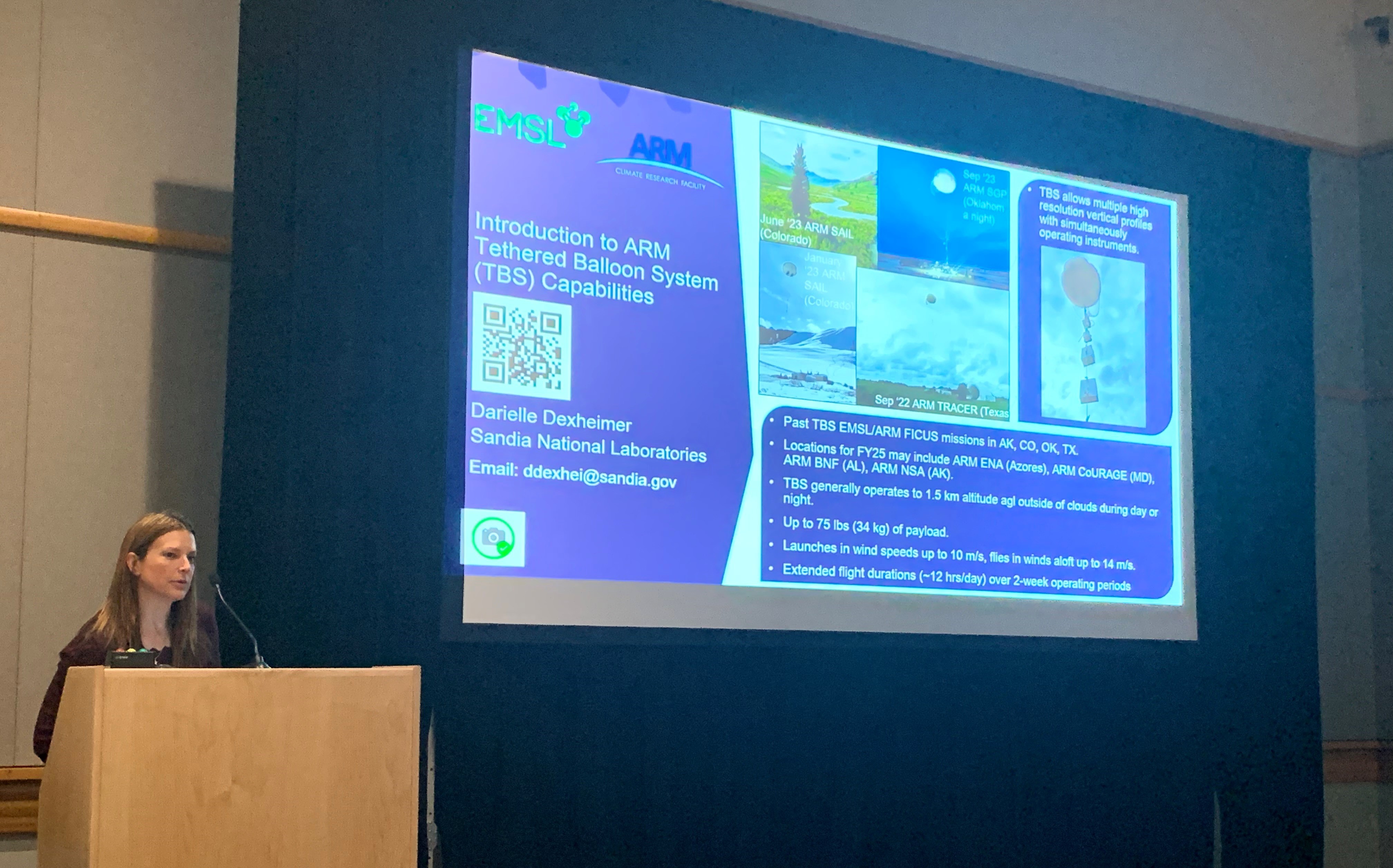 Dari Dexheimer, Sandia National Laboratories, gives a presentation on ARM’s tethered balloon system capabilities as part of an ARM and  Environmental Molecular Sciences Laboratory (EMSL) joint session.