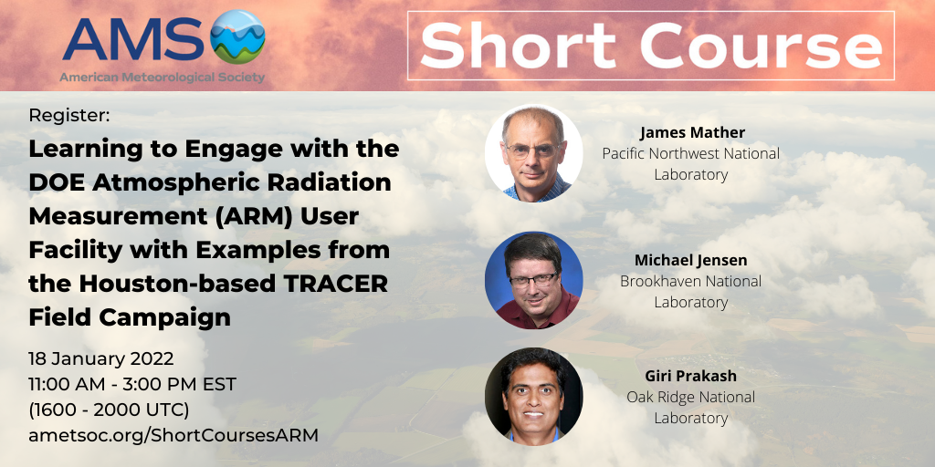 Graphic shows three instructors of the AMS TRACER-based virtual short course: Jim Mather, Michael Jensen, and Giri Prakash