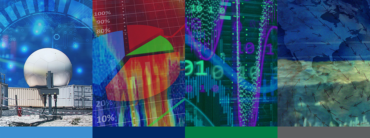 A rectangular block divided into four sections to illustrate field measurements, data analytics, data services, and observations to models