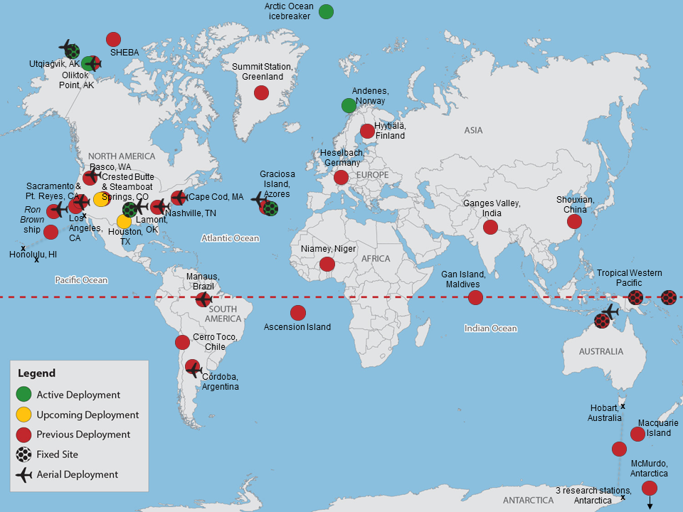 World map of ARM field campaigns and deployments