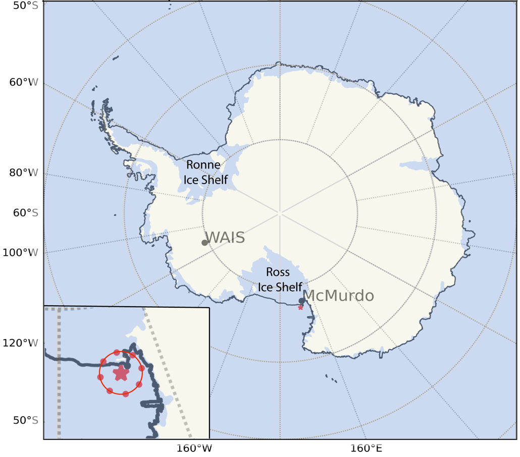 Map of Antarctica with variational analysis domain for AWARE campaign centered near McMurdo Island