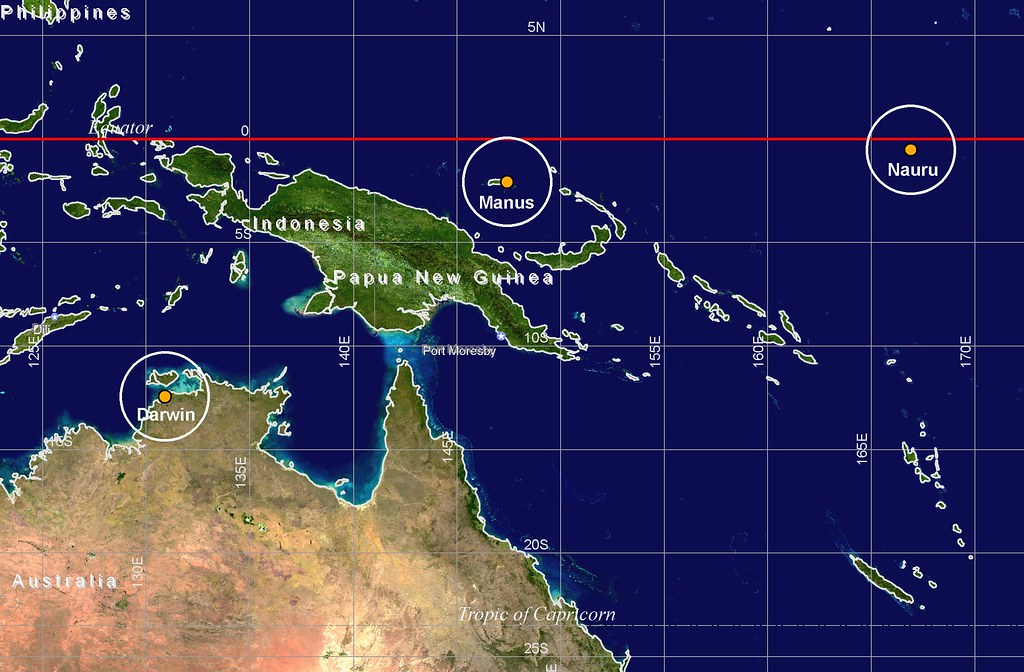 A map with three circles to indicate ARM sites in Darwin, Australia; Manus, and Nauru.