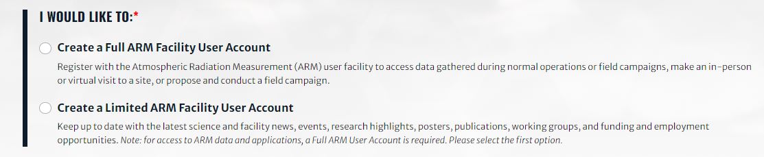 Text on the Create an Account page gives you two options: create a full ARM facility user account or create a limited ARM facility user account.