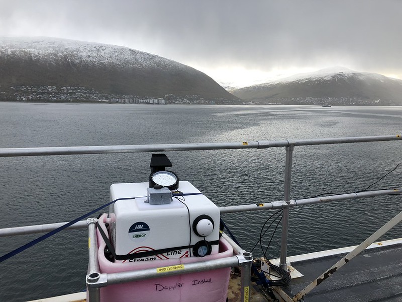 A Doppler lidar with an ARM/U.S. Department of Energy sticker affixed sits on the research icebreaker R/V Polarstern, which is prepared to leave Tromsø, Norway, for the MOSAiC expedition.