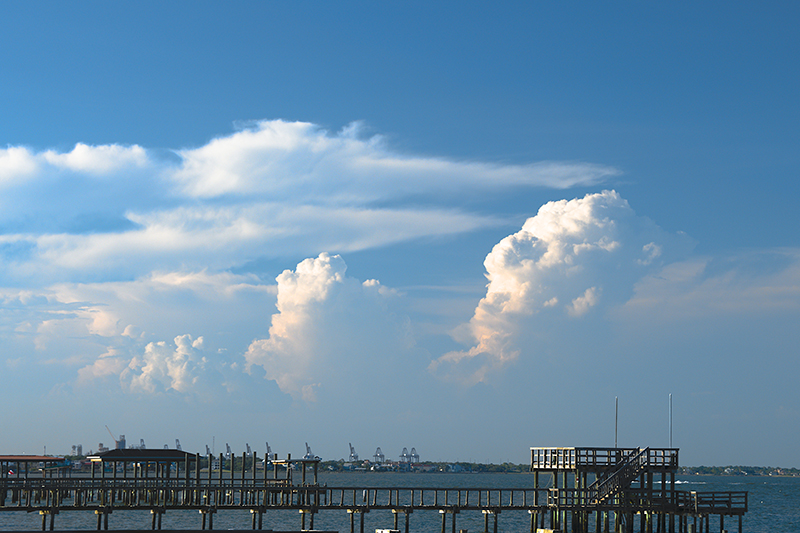 Clouds are seen over the water near Kemah, Texas.