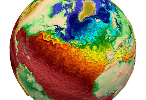 Global water-surface temperatures, with the surface texture driven by vorticity. Regions of warmer water (red) adjacent to the Gulf Stream off the eastern coast of the U.S. indicate the model’s capability to simulate eddy transport of heat within the ocean, a key component necessary to accurately simulate global climate change.