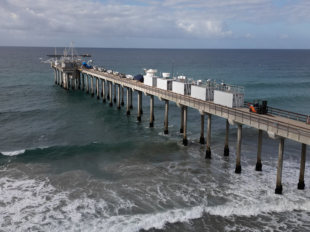 A view of the Pacific Ocean and ARM instruments on the Ellen Browning Scripps Memorial Pier in La Jolla, California