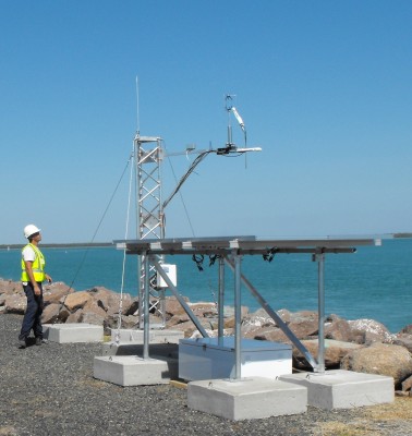 As shown in this photo at the wharf in Darwin, Australia, the new ECOR/SEBS station includes solar panels for power. ARM file photo.