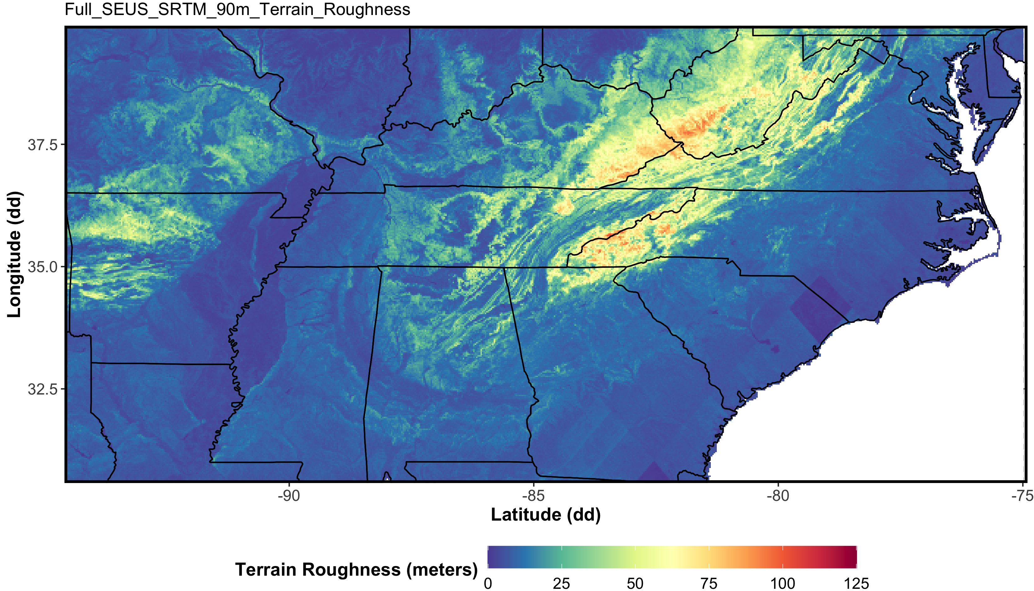 Map shows terrain roughness/complexity in Southeastern United States