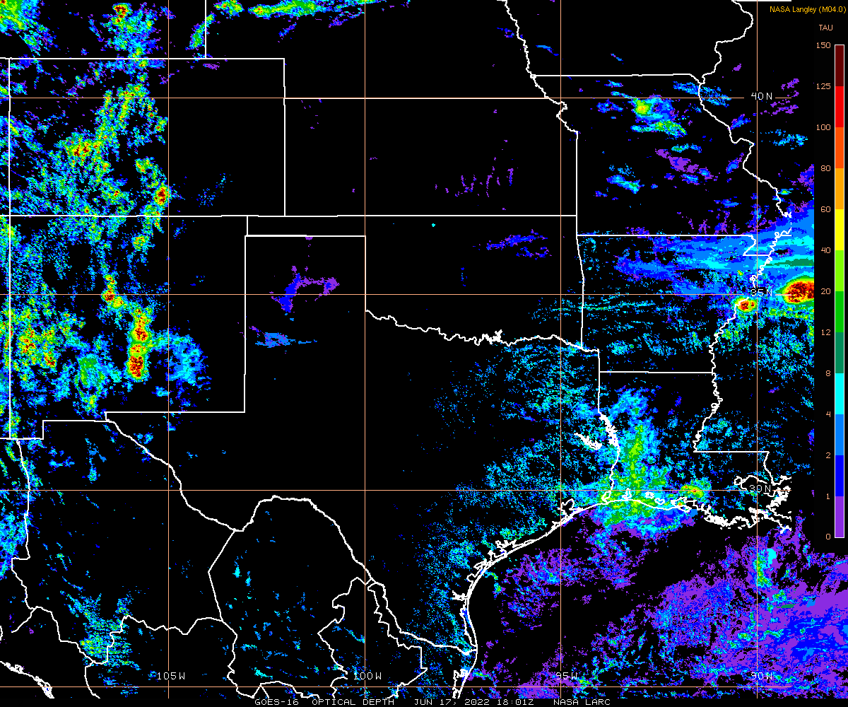 A satellite image showing optical depth over Wyoming, Nebraska, Iowa, Illinois, Colorado, Kansas, Missouri, New Mexico, Oklahoma, Texas, Arkansas, Louisiana, and Mississippi, and into northern Mexico and the Gulf of Mexico.