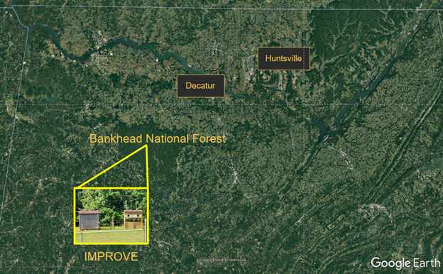 The map shows a yellow figure pointing inside an area labeled Bankhead National Forest. The Alabama cities of Decatur and Huntsville are also labeled.