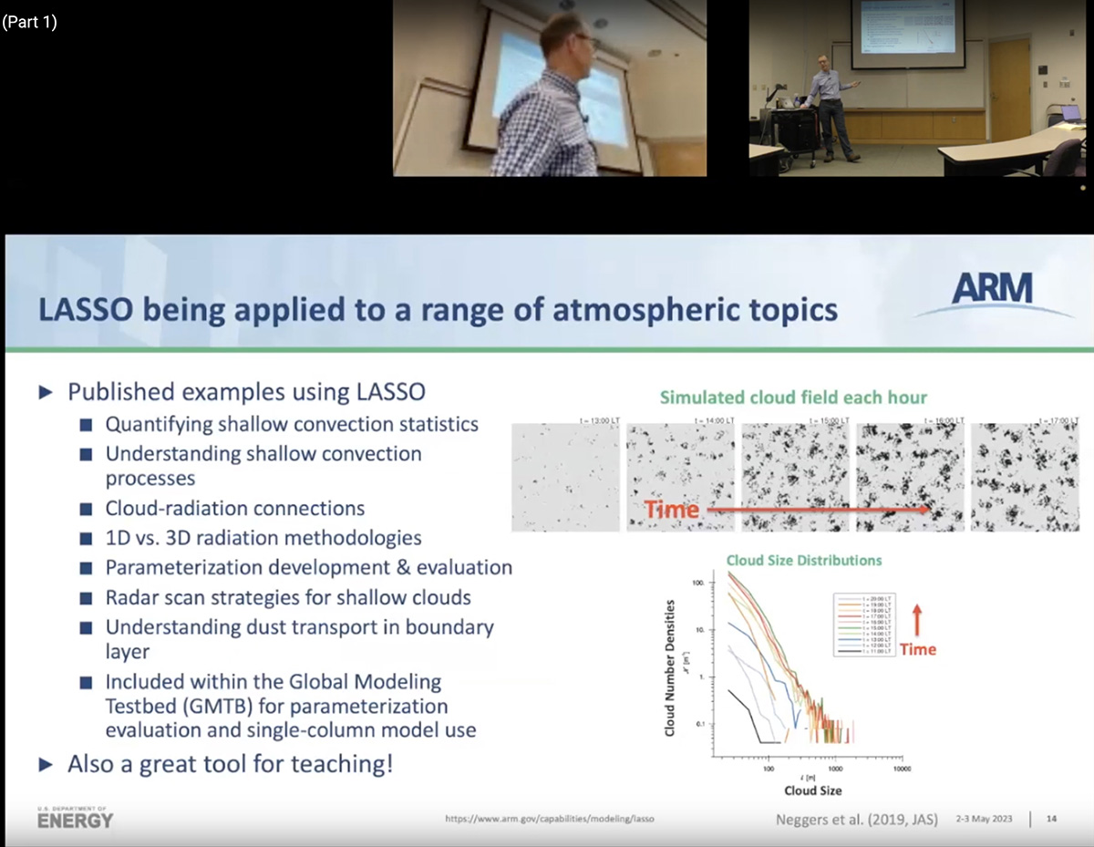 A screen grab from a virtual meeting shows two different views of William Gustafson presenting in front of a screen at the LASSO tutorial. Underneath those views is a slide explaining how LASSO is being applied to a range of atmospheric topics.