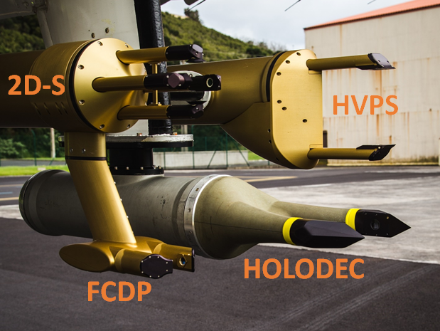 Four cloud probes are identified on a research aircraft.