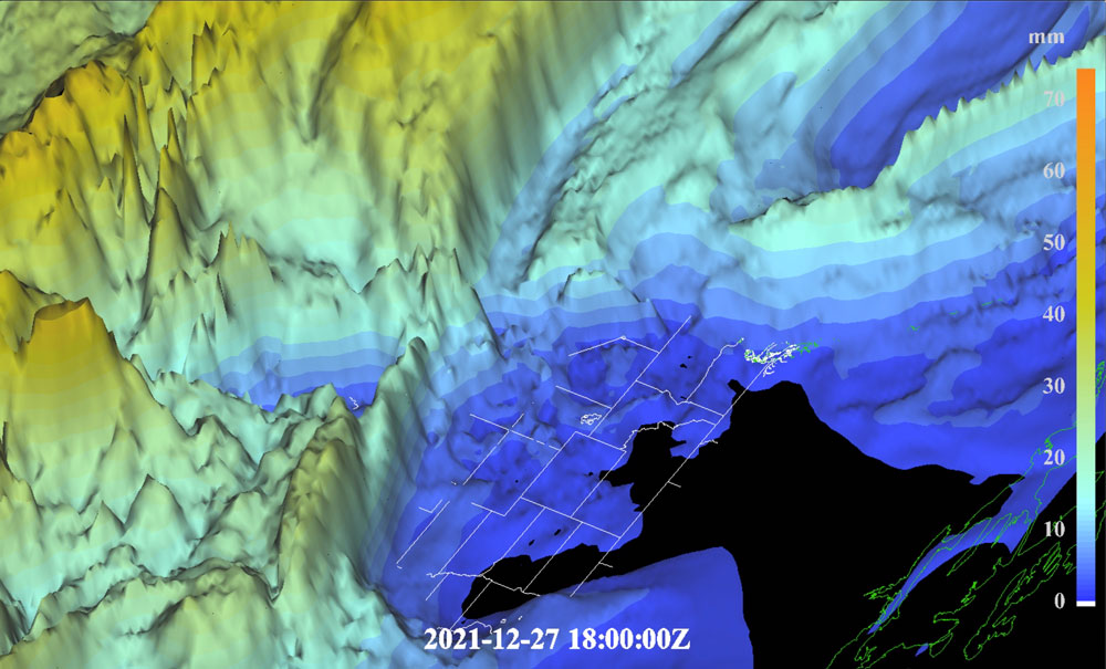 This visualization of precipitable water vapor includes a legend from 0 to more than 70 mm.