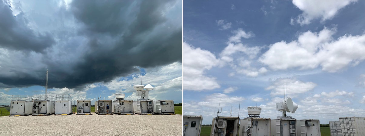 At left, dark clouds streak across the sky over the ARM Mobile Facility in La Porte, Texas. At right, the clouds are puffier at the site.