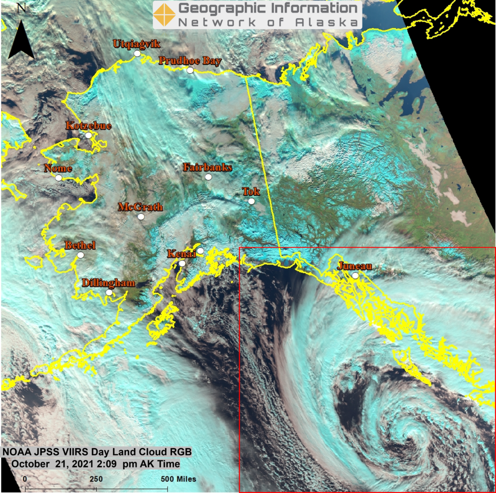 Satellite image shows outline of Alaska and Western Canada