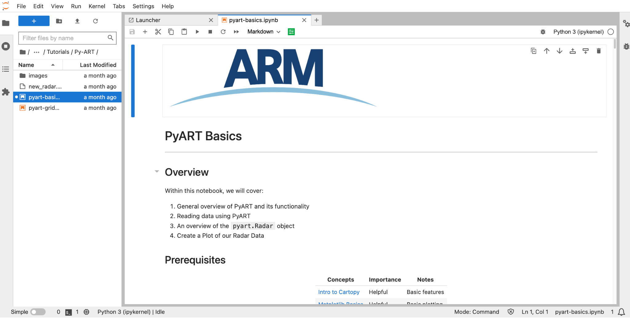 A screen grab shows PyART Basics and an overview screen of what the Jupyter Notebook will cover.