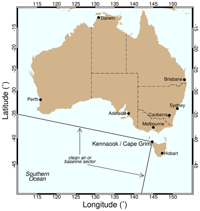 A map shows Kennaook/Cape Grim and the clean air or baseline sector over the Southern Ocean. Map is courtesy of CSIRO.