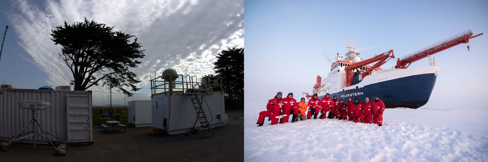 The left photo shows mobile facility instruments and containers in Northern California. The right photo shows the ARM installation team members kneeling on ice in front of the blue, white, and orange Polarstern.