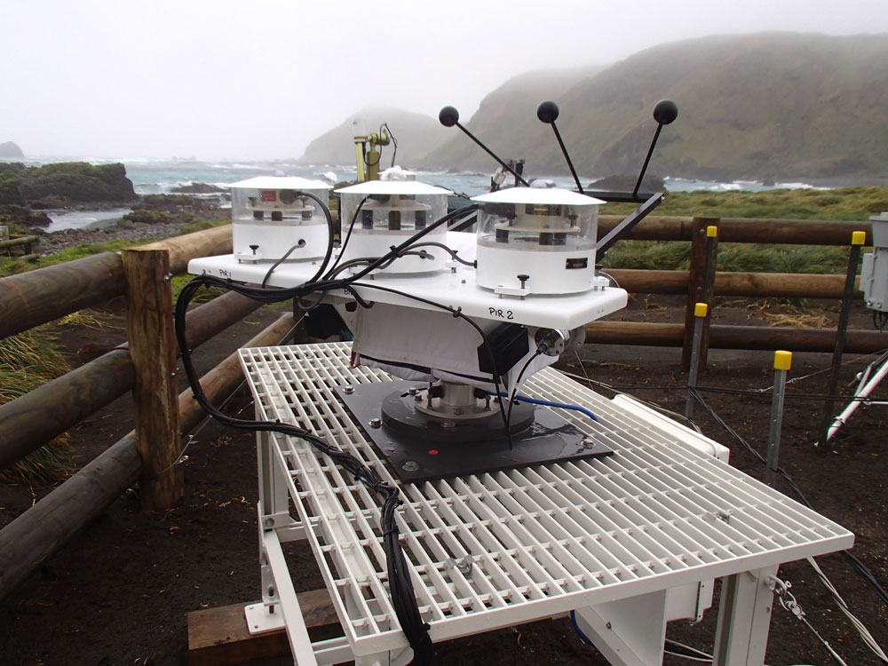 Radiometers sit on a stand to collect data near the Southern Ocean during the 2016–2018 Macquarie Island Cloud and Radiation Experiment (MICRE)