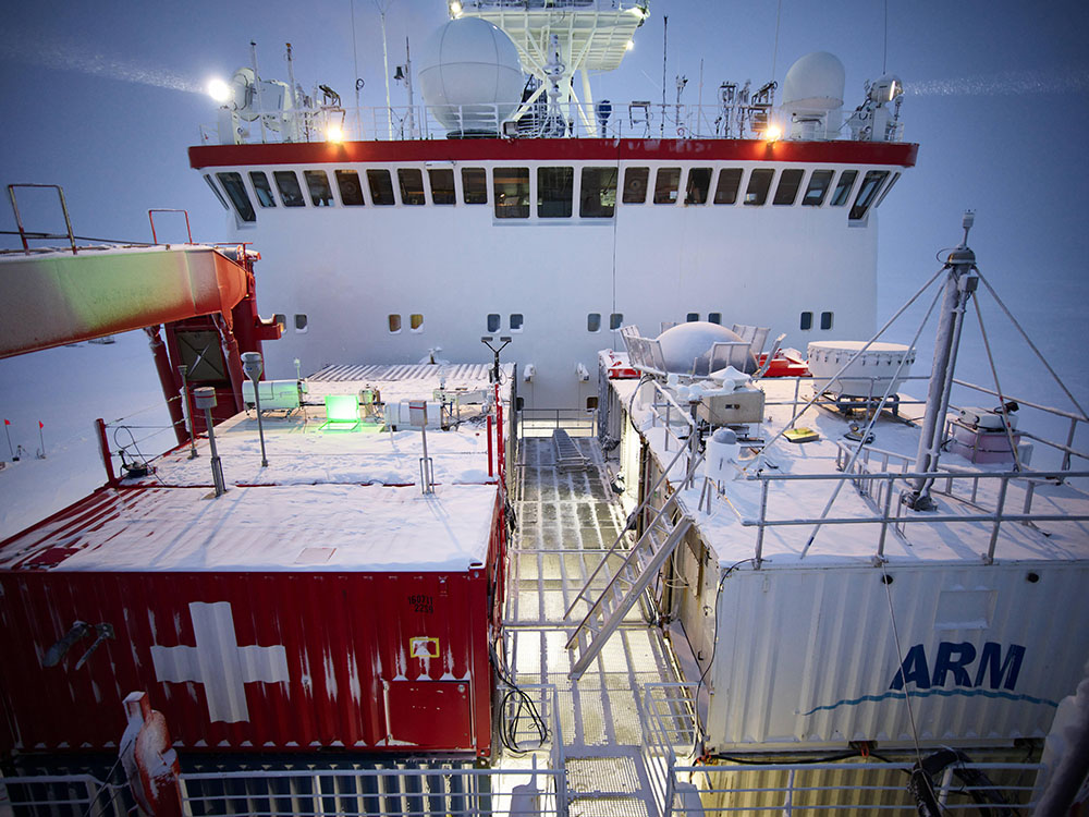 ARM instruments, including the Aerosol Observing System, operate across from Swiss instruments on the research icebreaker R/V Polarstern.