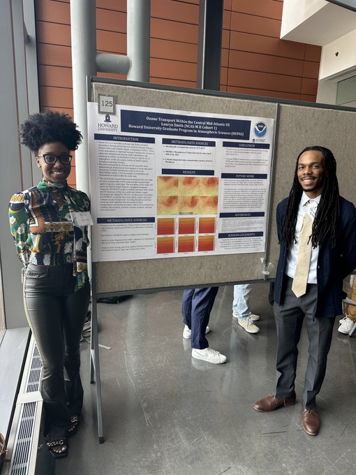 Lauryn Smith and Osinachi Ajoku stand on opposite sides of a poster on ozone transport within the central mid-Atlantic United States.