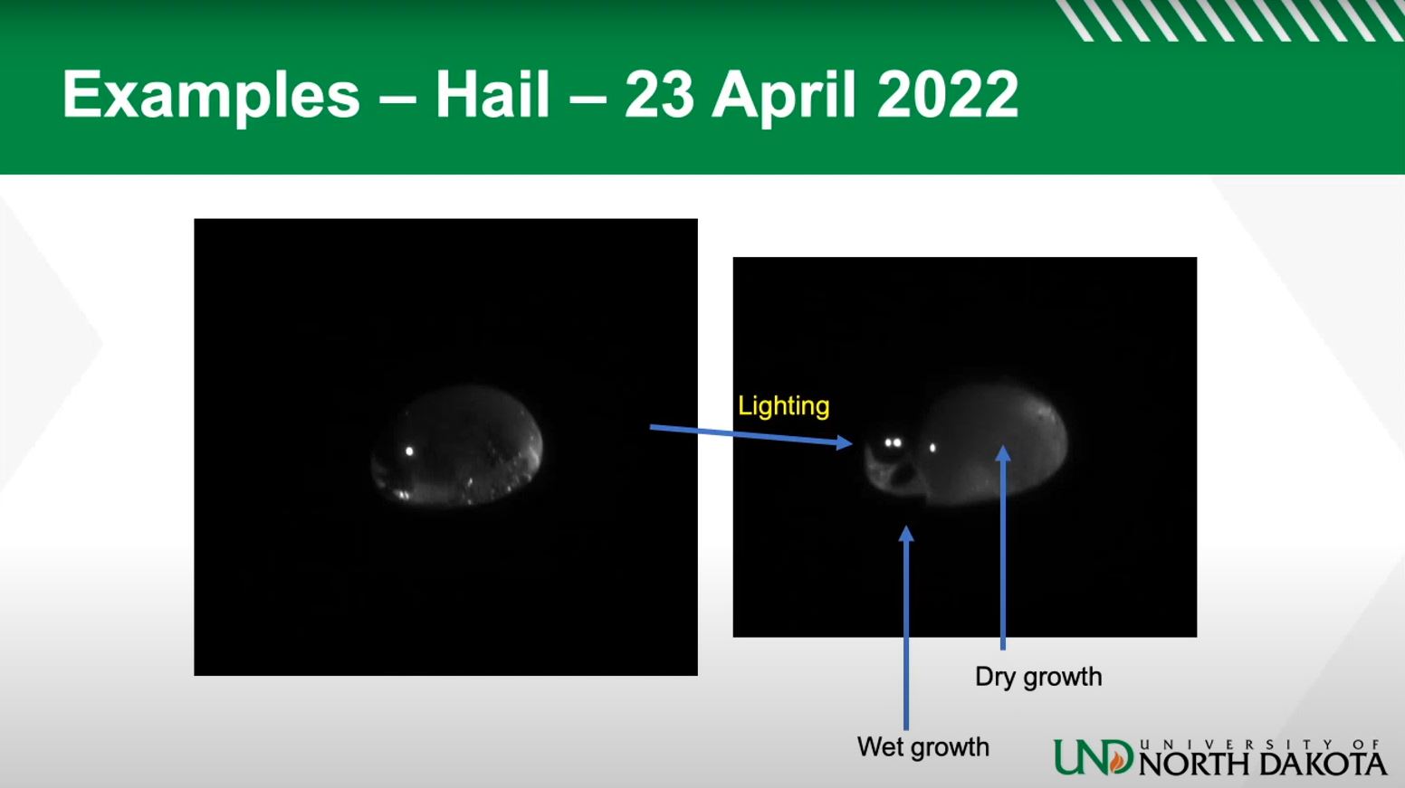 This slide shows an example of a hailstone image from April 23, 2022, with the labels "lighting," "wet growth" and "dry growth."