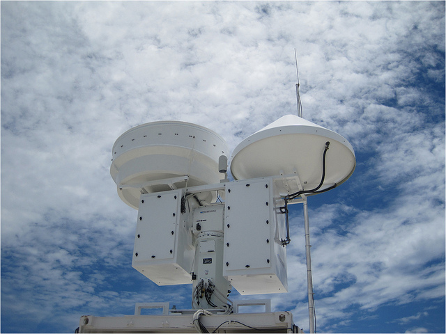 Radars point upward at the sky as clouds float overhead.