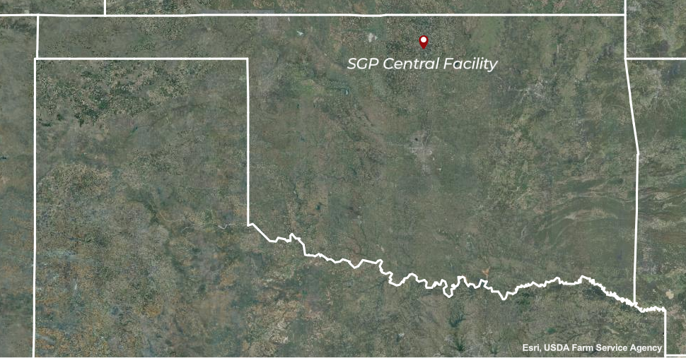 Map of Oklahoma with pin pointing to SGP Central Facility near Lamont