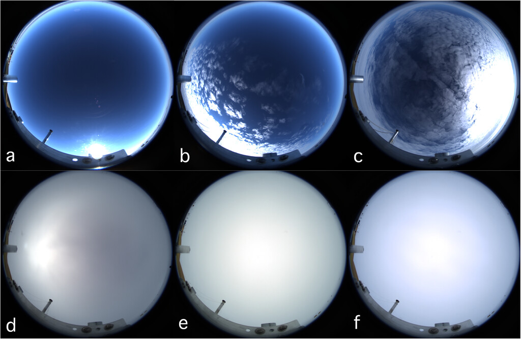 During an experiment by Dan Lubin on Siple Dome in January 2020, an ALCOR System camera captured a variety of all-sky images: (a) clear skies; (b) scattered clouds; (c) broken cloud cover; (d) thin overcast; and (e and f) overcast. Figure is courtesy of the Journal of Climate.