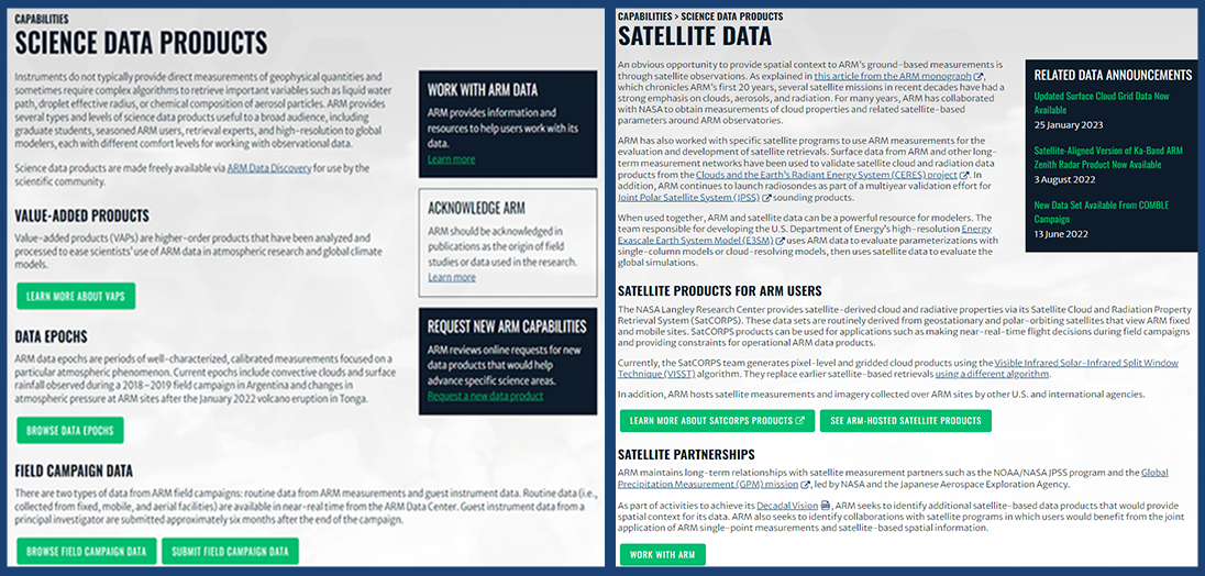 Screenshots of Science Data Products and Satellite Data pages on ARM.gov