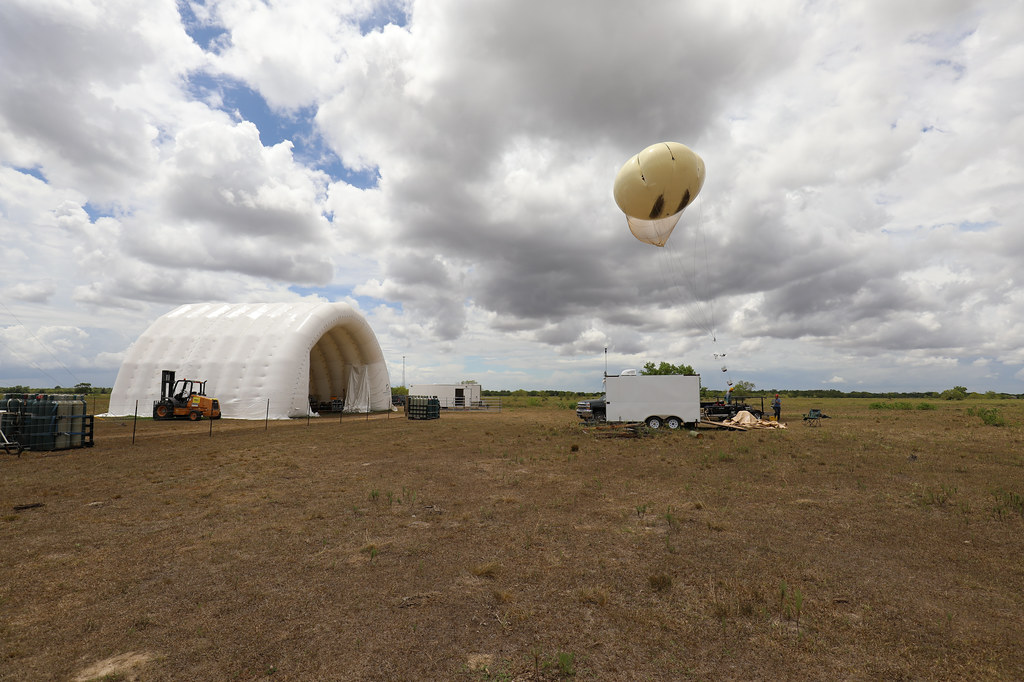 A tethered balloon system eases into the air during TRACER in August 2022 in Guy, Texas.