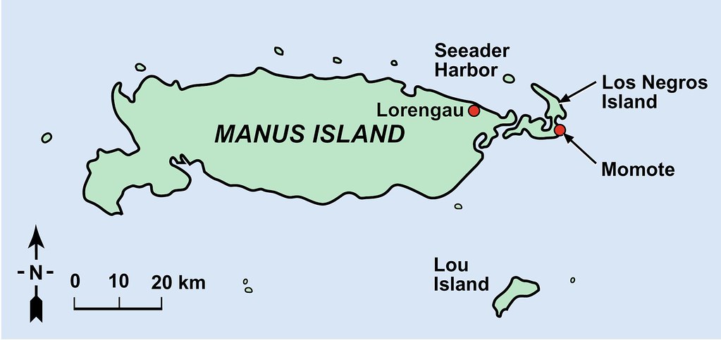 Map of Manus Island shows Momote, Lorengau, Seeader Harbor, Los Negros Island, and Lou Island
