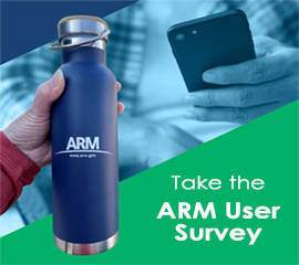 Picture of person holding a phone and another of a person holding an ARM-branded water bottle. The graphic includes the words "Take the ARM User Survey" in white text on a green background.