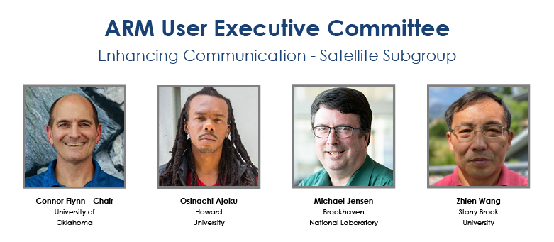 The ARM User Executive Committee Enhancing Communication with the Satellite Community Subgroup consists of chair Connor Flynn, Osinachi Ajoku, Michael Jensen, and Zhien Wang. Photos are courtesy of the members and their institutions.