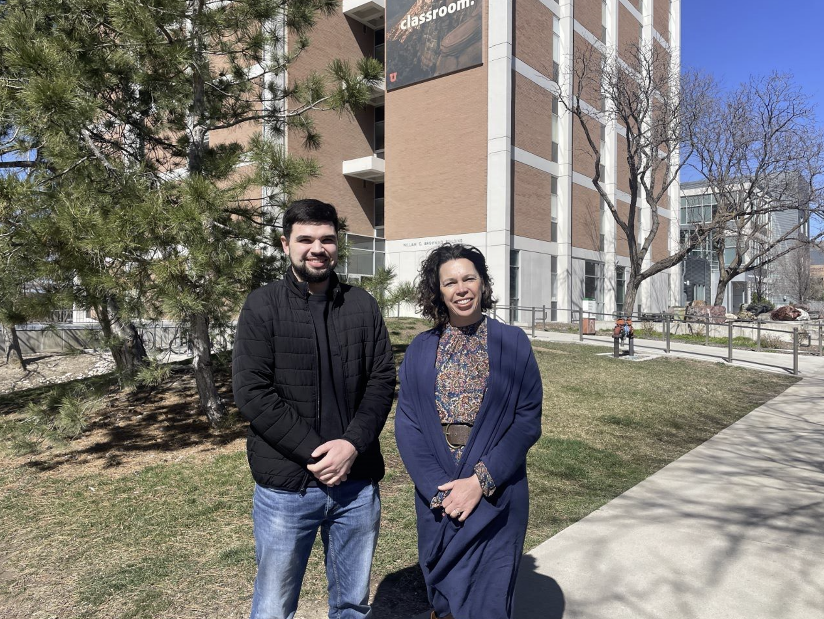 Gerardo Carrillo-Cardenas (left) and Gannet Hallar stand next to each other near a building on the University of Utah campus. Photo is courtesy of Hallar.
