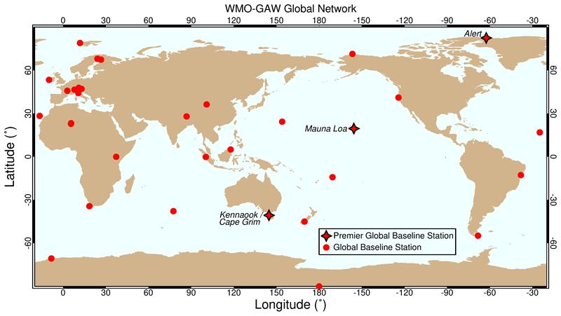 The map points out global baseline stations and the three premier global baseline stations in the World Meteorological Organization-Global Atmosphere Watch (WMO-GAW) network. Map is courtesy of CSIRO.