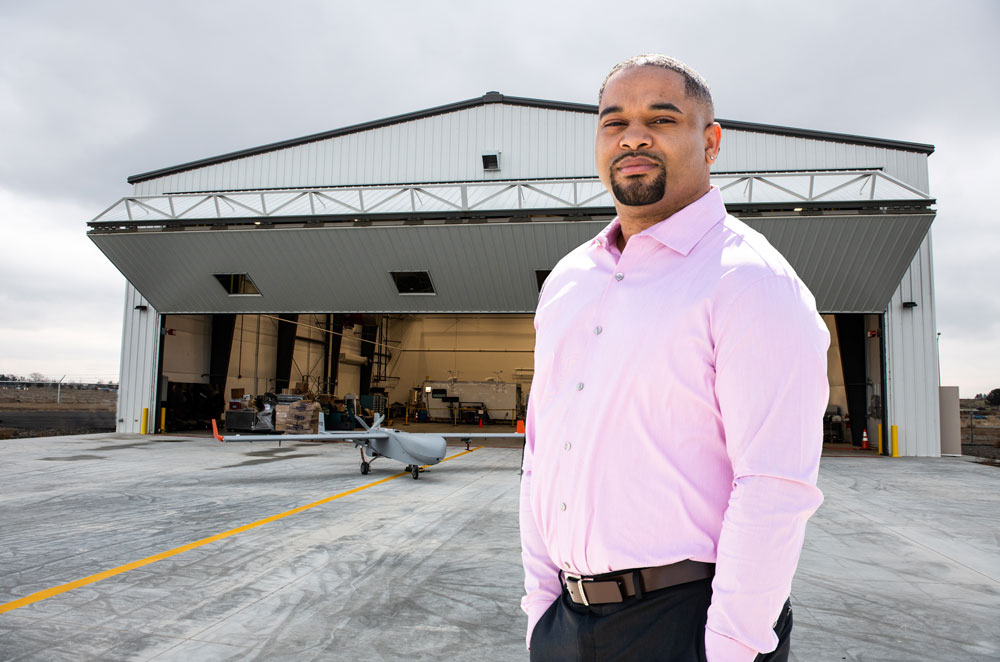 Andre Watson at the new ARM Aerial Facility hangar in Pasco, Washington