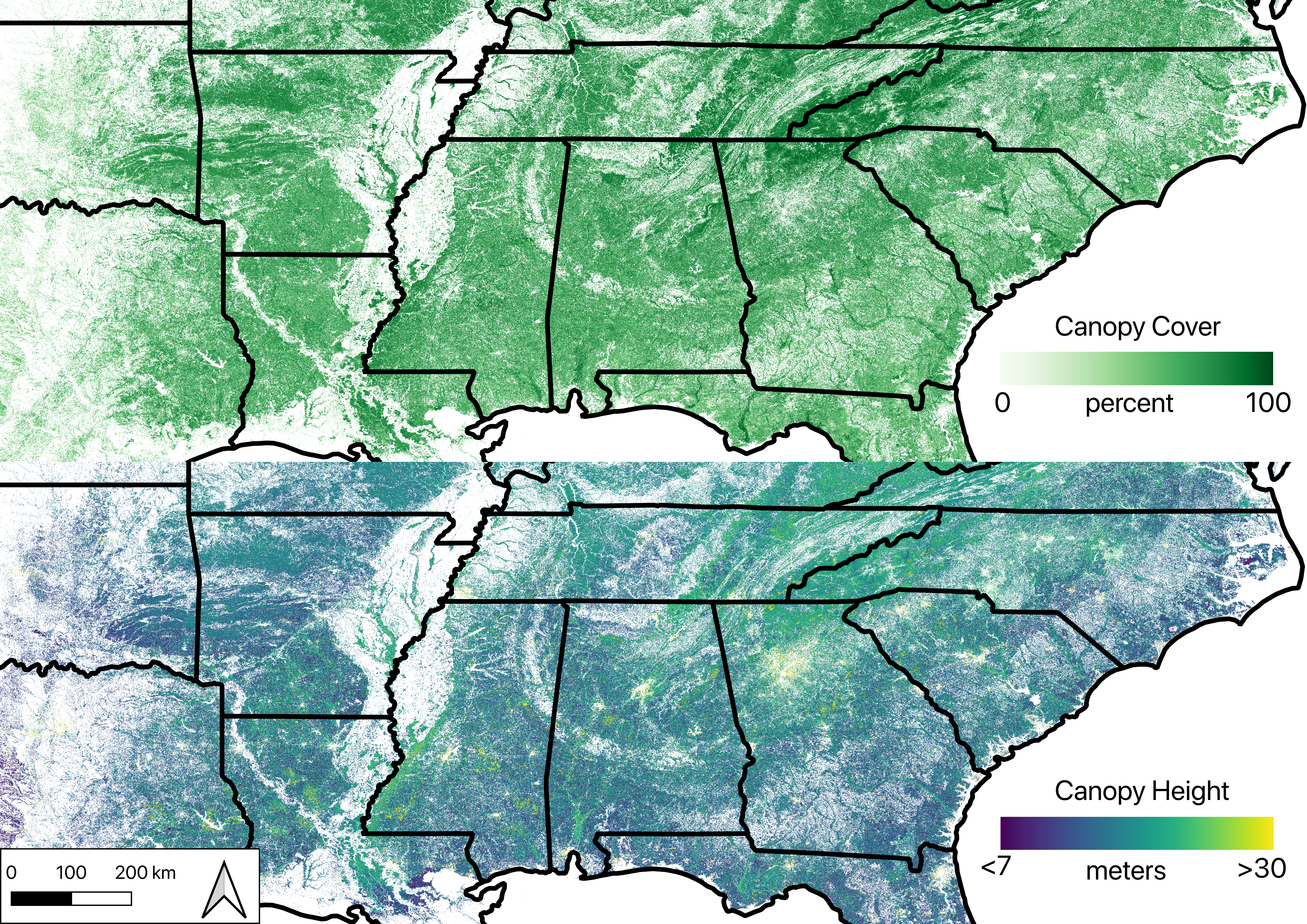 Maps illustrate the LandFire 30-meter canopy cover (upper panel) and forest canopy height (lower panel) products, subset to the larger Southeastern U.S. region