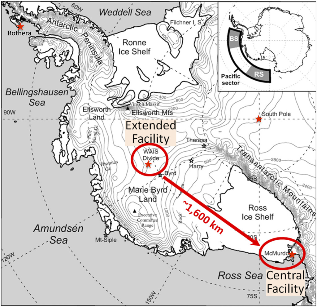 Map points out McMurdo Station and WAIS Divide Ice Camp in West Antarctica
