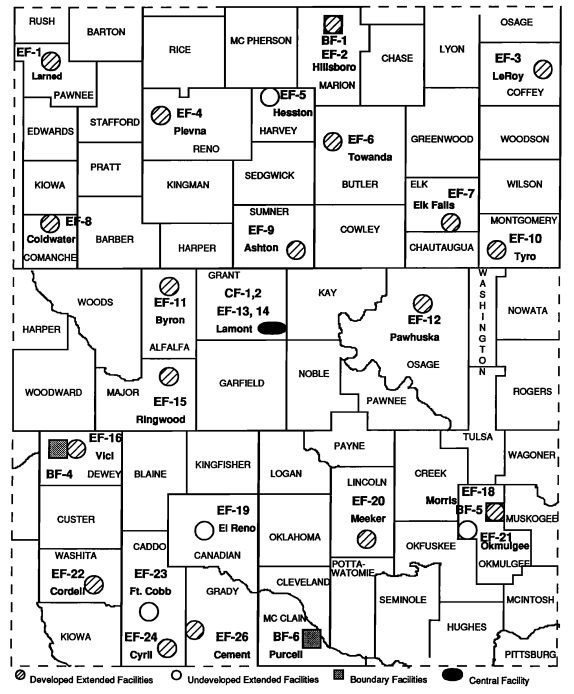 A map is labeled with different counties in Oklahoma and Kansas along with developed and undeveloped Southern Great Plains extended facilities, boundary facilities, and the Central Facility near Lamont, Oklahoma.