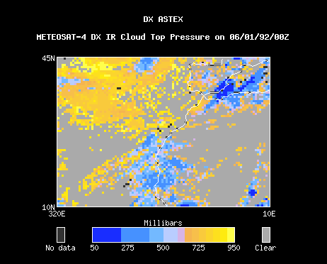 This rendering of a satellite image shows one day of cloud-top pressures, in millibars, during 1992’s Atlantic Stratocumulus Transition Experiment (ASTEX). The millibar legend shows 50, 275, 500, 725, and 950.